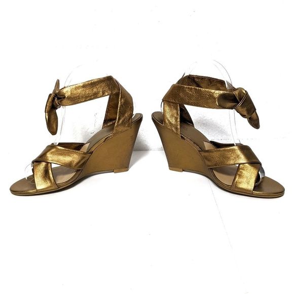 MICHAEL KORS Gold Leather Ankle Wrap Wedges 7.5 - Picture 4 of 9